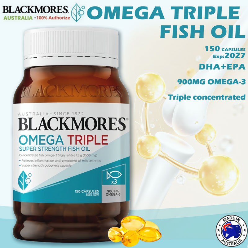 Blackmores Triple Super Strength Fish Oil 150แคปซูล เสริมโอเมก้า3 ดูแลสุขภาพสมอง ข้อต่อ ผิว และสายตา