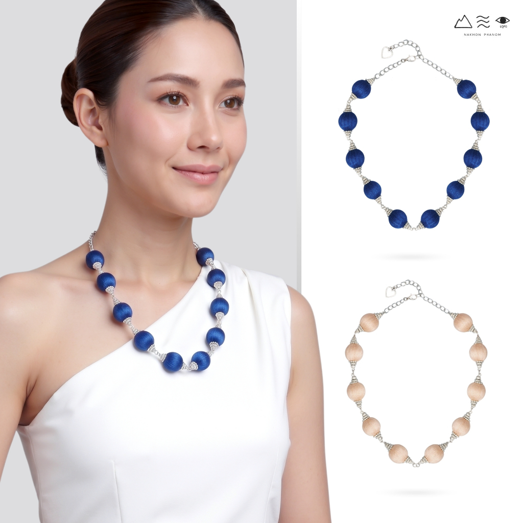 สร้อยคอระย้า ลูกปัดฝ้ายย้อมสีธรรมชาติ - สั้น B