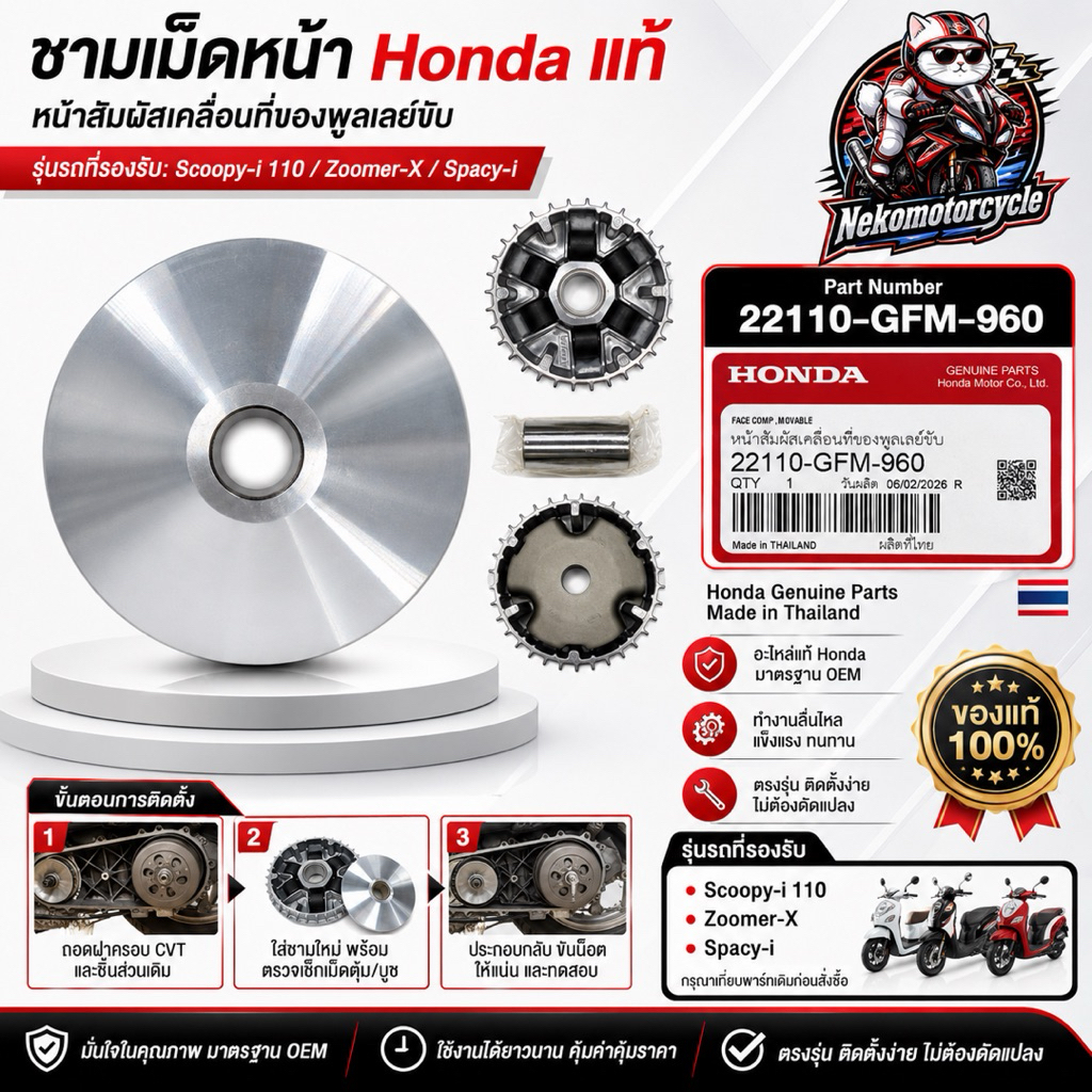 ชามเม็ดหน้า Honda แท้ 22110-GFM-960 สำหรับ Scoopy-i 110 Zoomer-X Spacy-i ชุดพูลเลย์หน้า