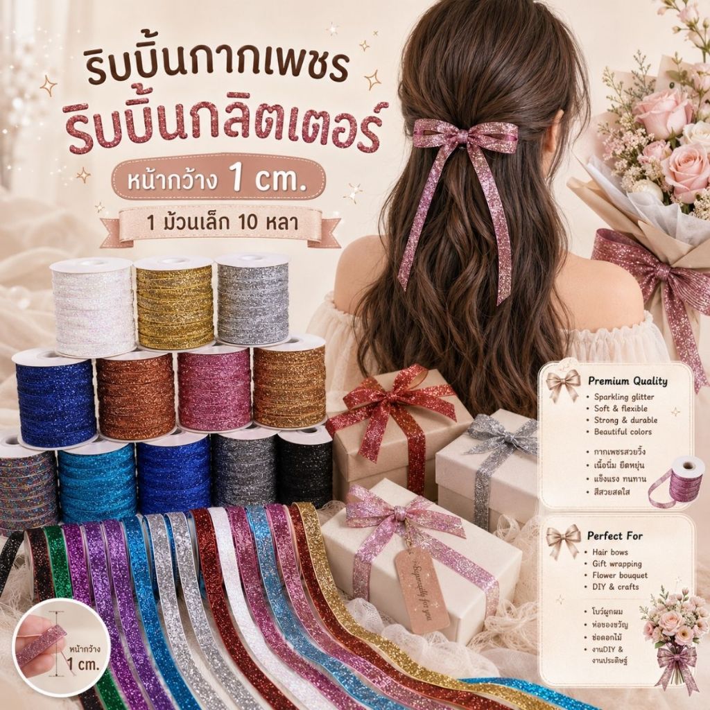 1 ม้วนเล็ก【10หลา】* ริบบิ้นกากเพชร ริบบิ้นกลิตเตอร์ หน้ากว้าง 1 cm. สำหรับตกแต่ง ผูกของขวัญ [RBR-0081-10mm-10Y]