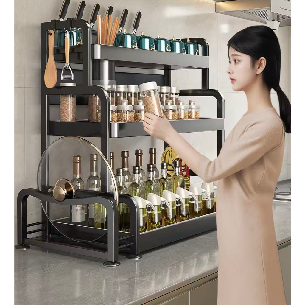 ชั้นวางเครื่องเทศเหล็กคาร์บอน 2-3 ชั้น ทรงบันได อุปกรณ์ครัวเรือน