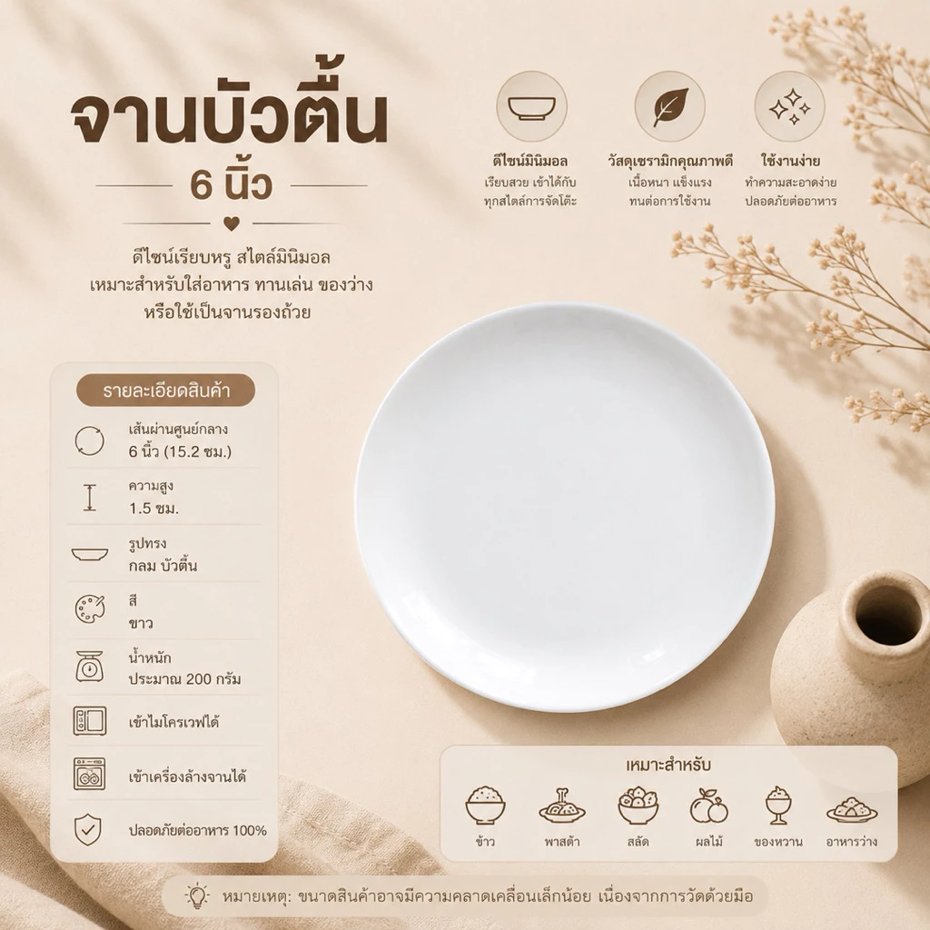 จานบัวตื้นเซรามิกสีขาว สะอาด รูปทรงกลม ดีไซน์สวย ทนต่อความร้อน ใช้กับไมโครเวฟและเครื่องล้างจานได้