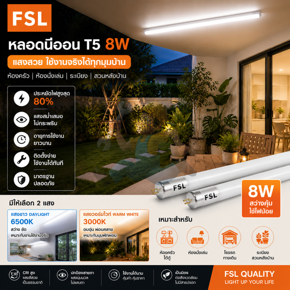 FSL หลอดไฟนีออน LED T5 8W หลอดยาว 56 cm. แสงสว่างสูง ประหยัดไฟ ใช้งานนาน