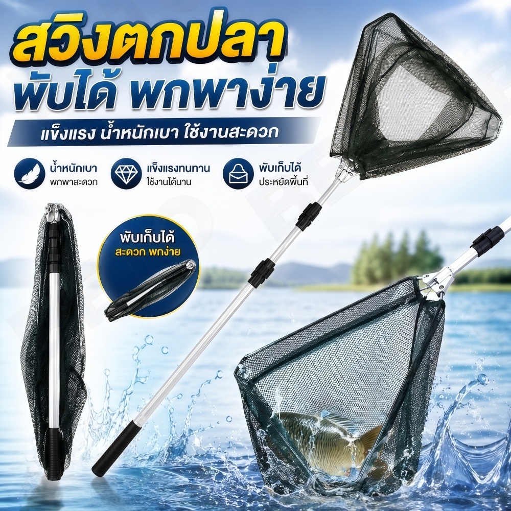 A37-[สายตกปลาต้องมี] สวิงช้อนปลา 1.9 เมตร ด้ามอลูมิเนียมยืดหยุ่นแข็งแรง ตาข่ายเหนียวพับเก็บง่าย พร้อมส่งด่วน