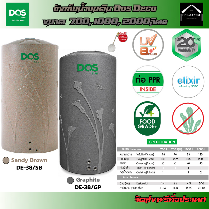 DOS ถังเก็บน้ำบนดิน รุ่นDECO สีSandy Brown และสีGRAPHITE ขนาด 700, 1000, 2000ลิตร แถมฟรี!! ลูกลอยDOS