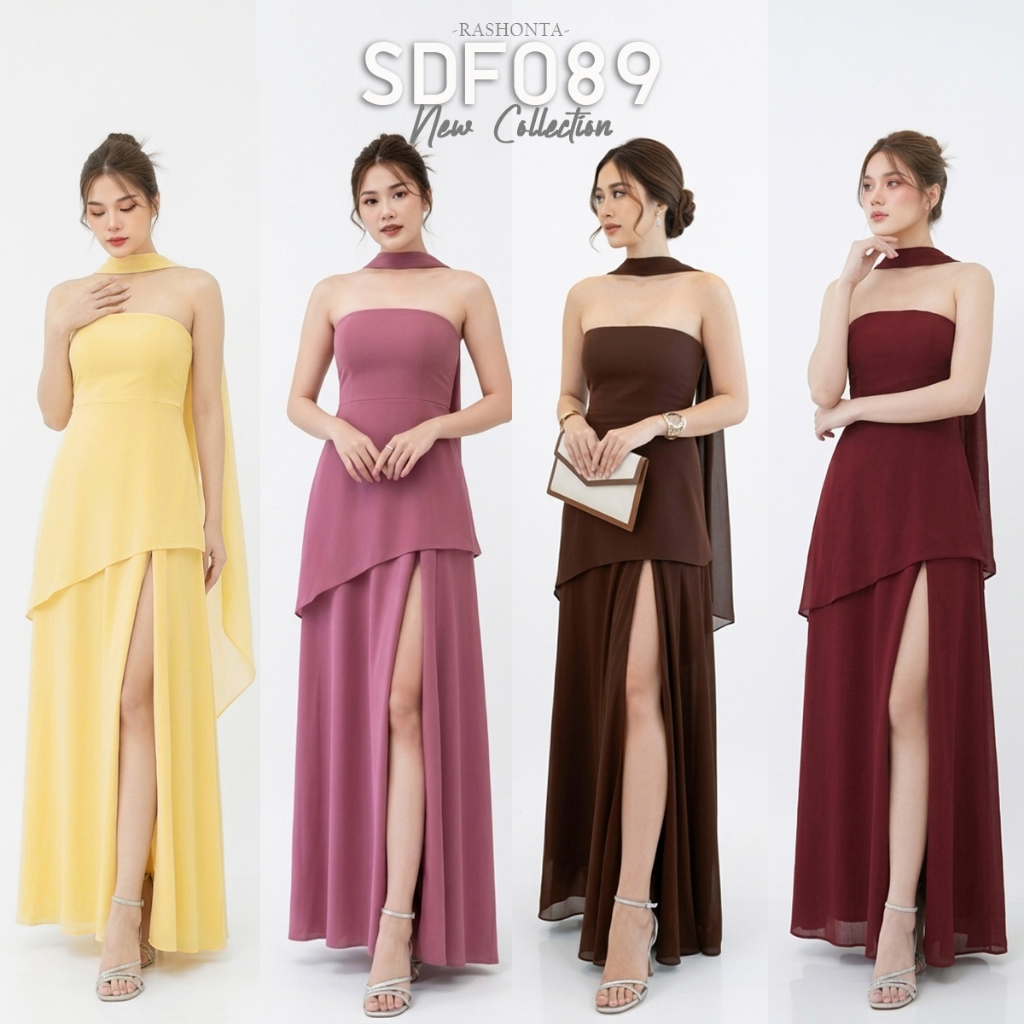 SDF089 ชุดเดรสเกาะอก ชายกระโปรงผ้าตาข่าย มีผ้าพาดไหล่ ใส่ออกงาน หรือเป็นชุดเพื่อนเจ้าสาวได้ค่ะ
