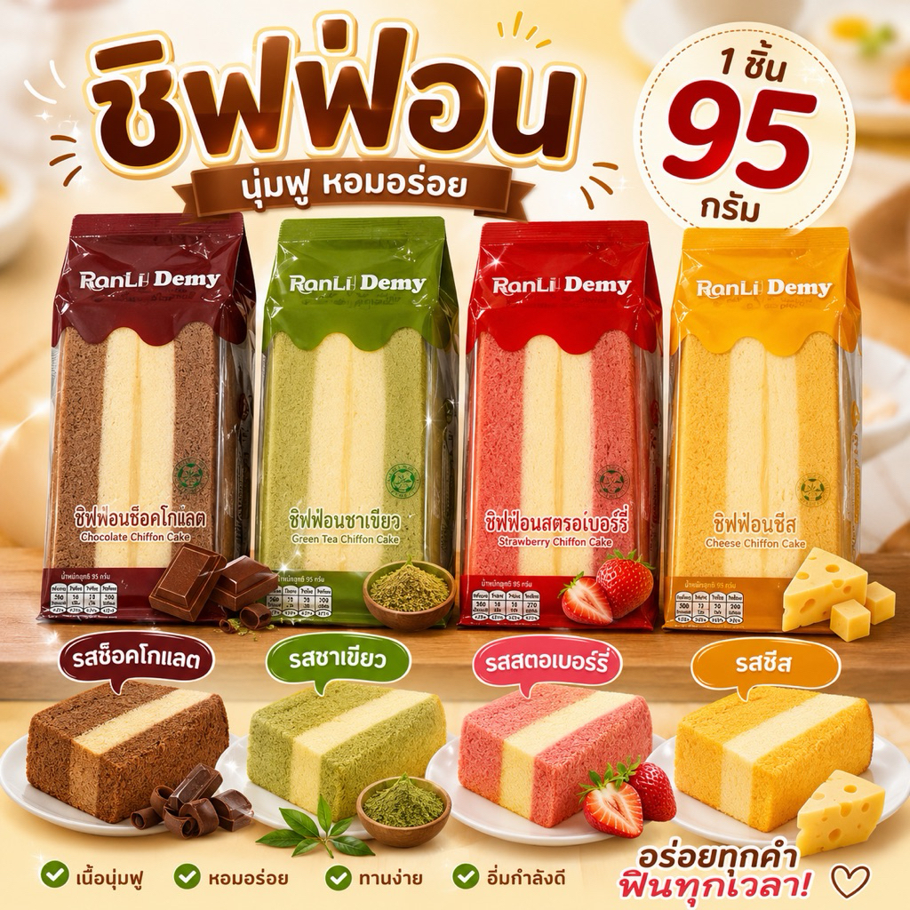 ชิฟฟ่อน รสชีส ชาเขียว ช็อคโกแลต สตอเบอรี่ 1ชิ้น 95 กรัม