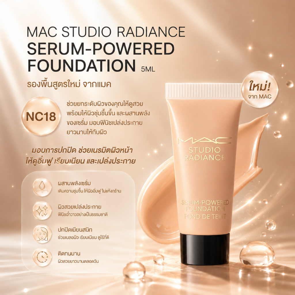 รองพื้นชนิดเซรั่ม MAC Studio Radiance Serum-Powered Foundation  #N18 ผิวขาวเหลือง 5 ML ป้ายคิงพาวเวอร์