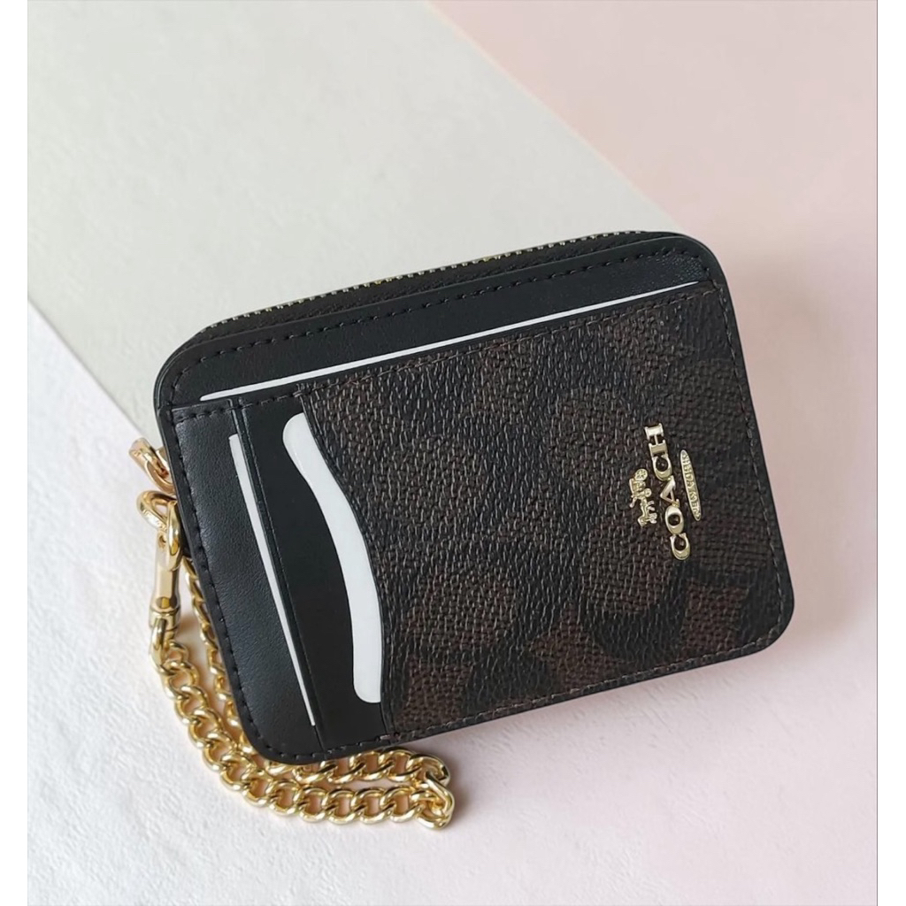 COACH กระเป๋าใส่บัตร Zip Card Case In Signature Canvas (สายโซ่)