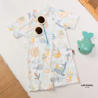 CAPYHANA ชุดว่ายน้ำเด็กทารก Summer ชุดเที่ยวทะเล ชุดว่ายน้ำเด็กลายทะเล พร้อมหมวก (ชุดว่ายน้ำทะเล)