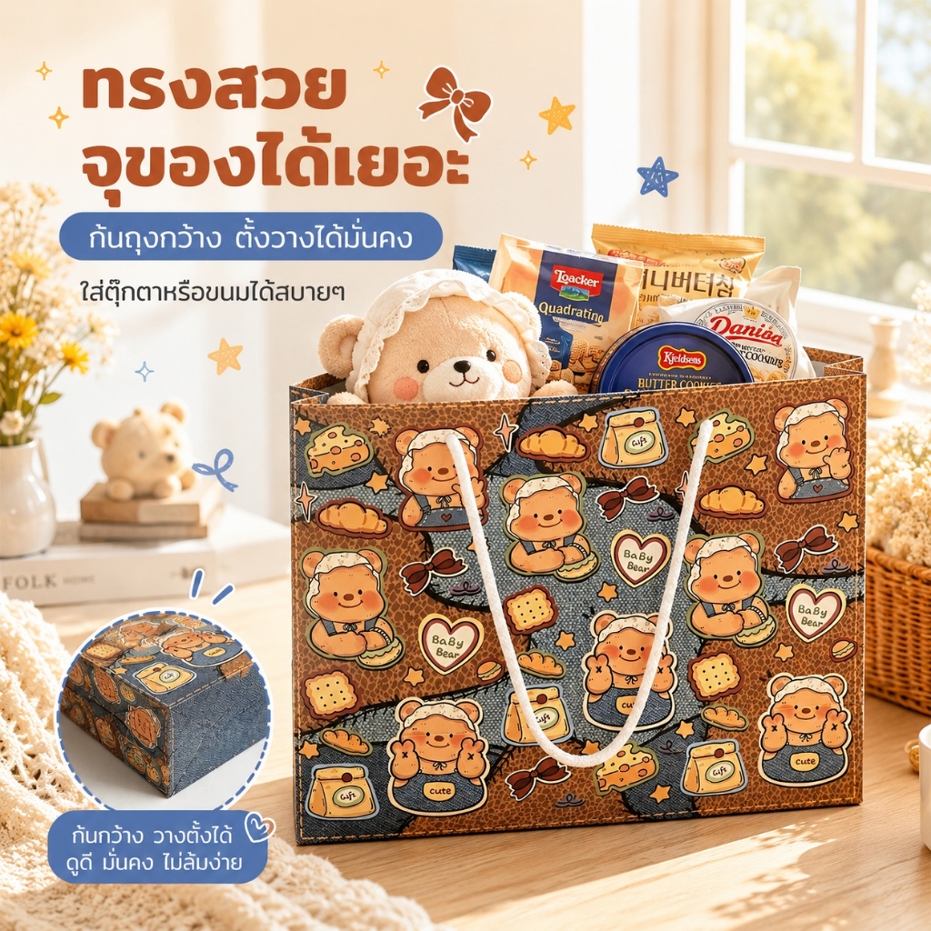👜 ถุงของขวัญหมีแบ๊ว์เสื้อคาวบอย 3ไซส์ กระดาาษคราาฟท์หนาพิเศษ กระดาษคราาฟท์หนาพิเศษ ใส่ขนม ของชำร่วย งานวันเกิดเด็ก