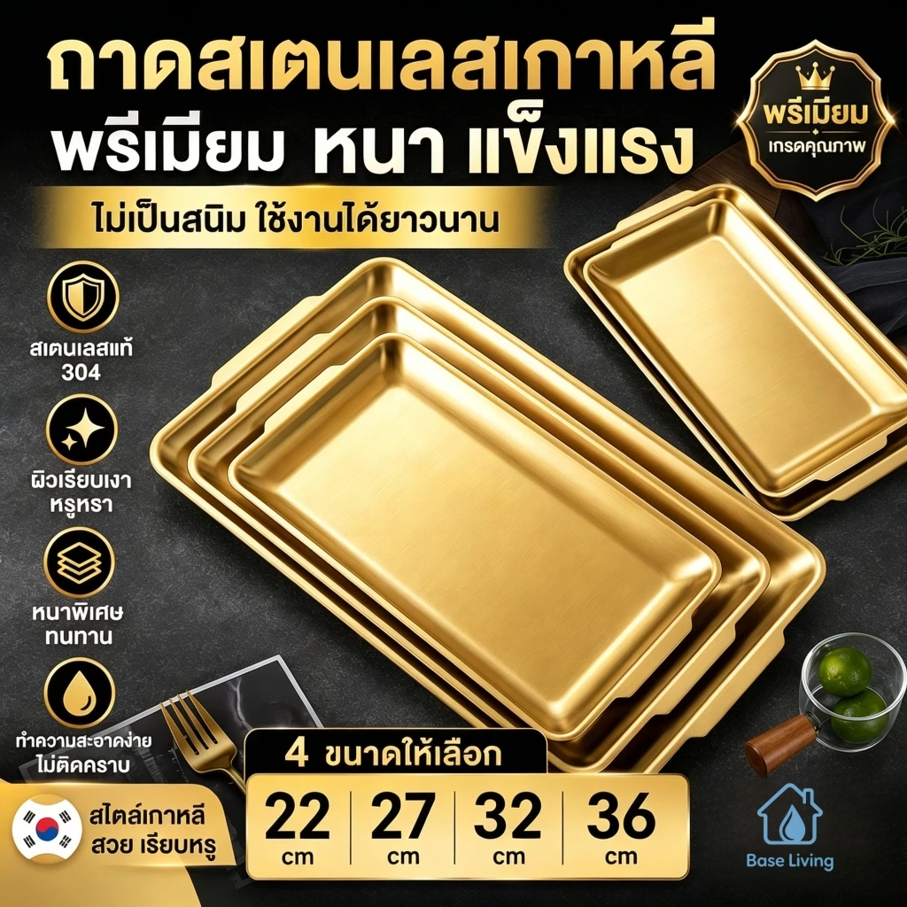 ถาดสแตนเลส 304 หนา สีทอง/เงิน สไตล์เกาหลี ไม่เป็นสนิม ใส่อาหาร บาร์บีคิว บุฟเฟ่ต์ ครัวเรือน พร้อมส่งไทย