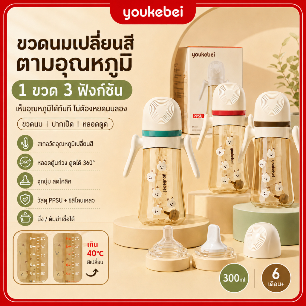 Youkebei ขวดนม PPSU สำหรับทารก 0-6 เดือน และ 1 ปีขึ้นไป ใส่น้ำ นมได้ มีด้ามจับกันลื่น พร้อมหลอดดูด