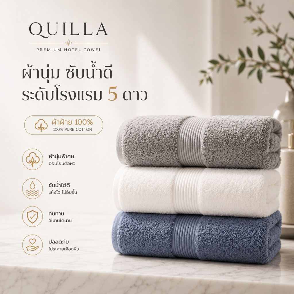 Quilla ผ้าเช็ดตัว Cotton100% ผ้าขนหนูโรงแรม ขนนุ่ม ซับน้ำดี แห้งไว ผ้าฝ้ายแท้ Anti Bacteria ผ้าเช็ดตัวผู้ใหญ่