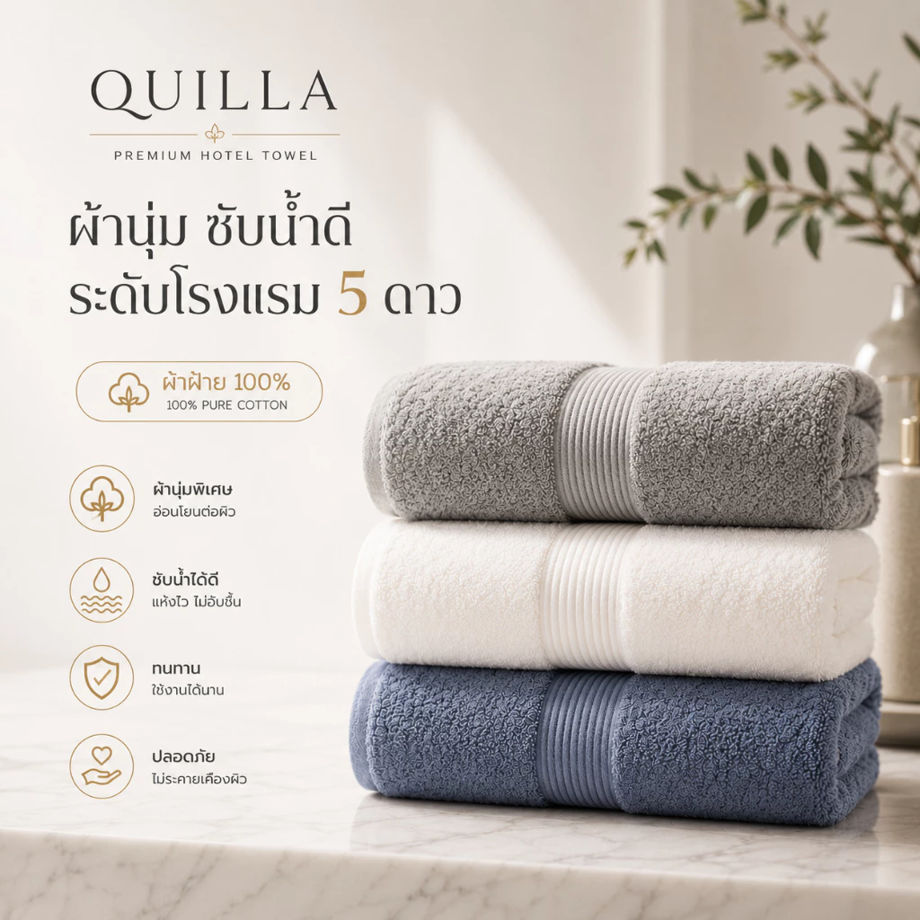 Quilla ผ้าเช็ดตัว Cotton100% ผ้าขนหนูโรงแรม ขนนุ่ม ซับน้ำดี แห้งไว ผ้าฝ้ายแท้ Anti Bacteria ผ้าเช็ดตัวผู้ใหญ่