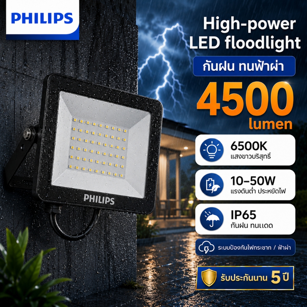 PHILIPS ไฟฟลัดไลท์ LED 10W/30W/50W ตัวเครื่องอะลูมิเนียม กันน้ำ IP68 ป้องกันฟ้าผ่า สว่างแรง Floodlight BVP118