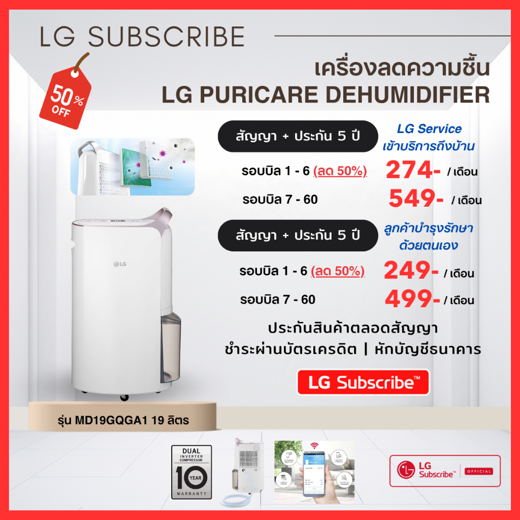 (ทักแชทก่อนสั่งสินค้า)เครื่องลดความชื้น LG PuriCare Dehumidifier 19 รุ่น MD19GQGA1 19 ลิตร ประกันตลอ