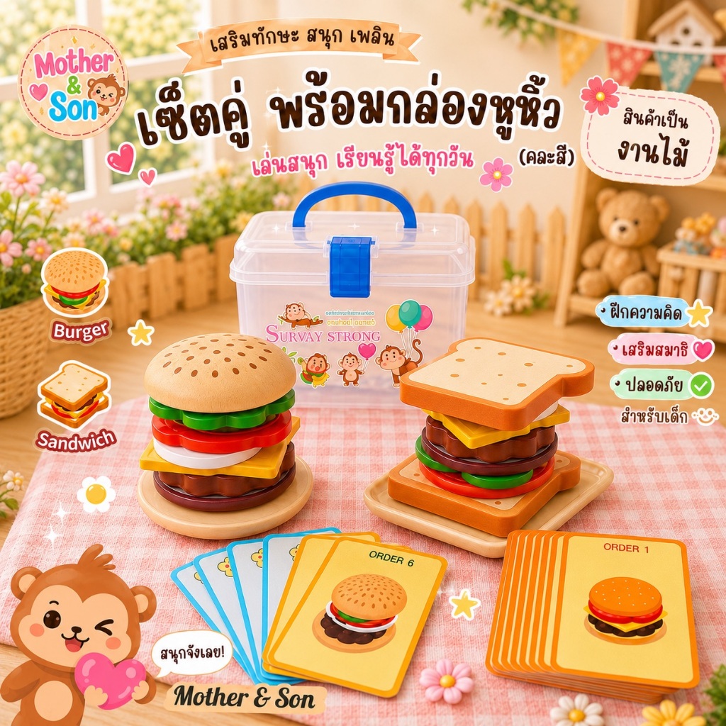 เซ็ตของเล่นแฮมเบอร์เกอร์ แซนวิช + การ์ดโจทย์ตกแต่งอาหาร