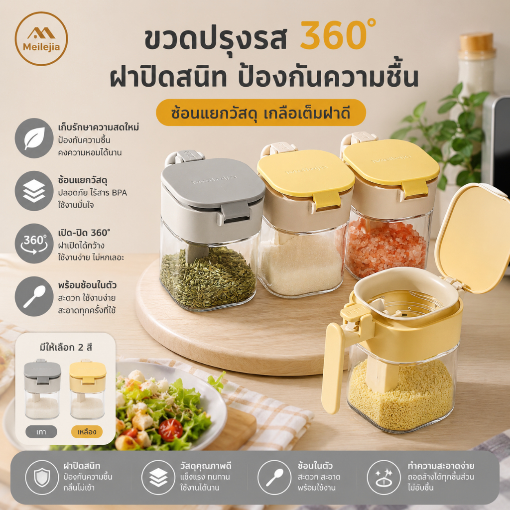 กล่องเครื่องปรุงรสช้อนแยกถังปรุงรสบ้านปิดผนึกความชื้นเกลือกระป๋องชุดขวดปรุงรส