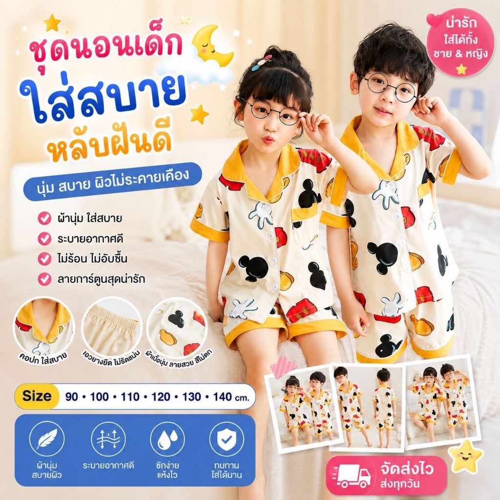 🔥พร้อมส่ง🔥ชุดนอนเด็กขาสั้นแขนสั้นกระดุม กระเป๋าหน้า90-140CM มีหลายลายให้เลือก #MS300