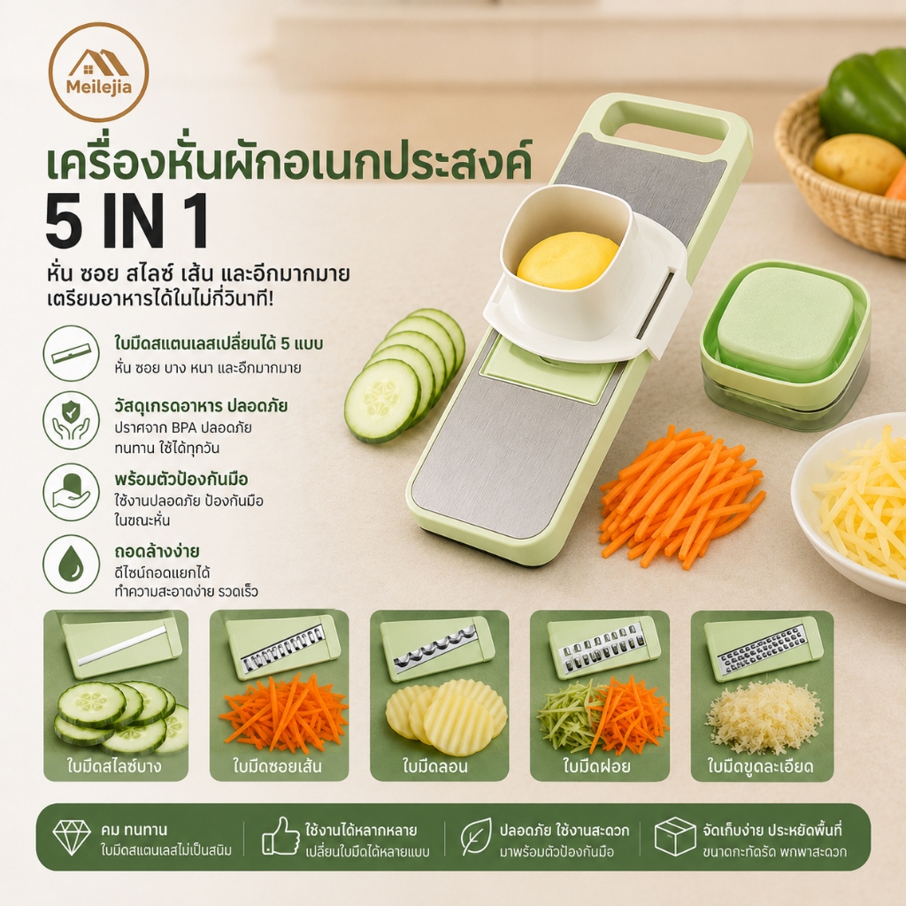 เครื่องหั่นผักผลไม้แบบพกพา พร้อมใบมีดสแตนเลส 5 ใบมีด สำหรับหั่นผัก สไลด์ผัก ขูดผลไม้ และขูดผัก ใช้งานสะดวกในทุกครัวเรือ