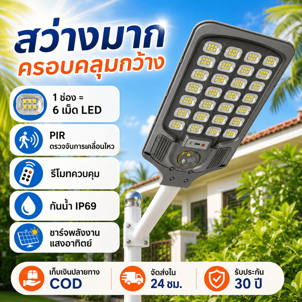 โคมไฟถนนโซล่าเซลล์ LED สว่างมาก ครอบคลุมพื้นที่กว้าง กันน้ำ IP69 PIR ตรวจจับคน รีโมทควบคุม สำหรับกลางแจ้ง ลานบ้าน ถนน สว