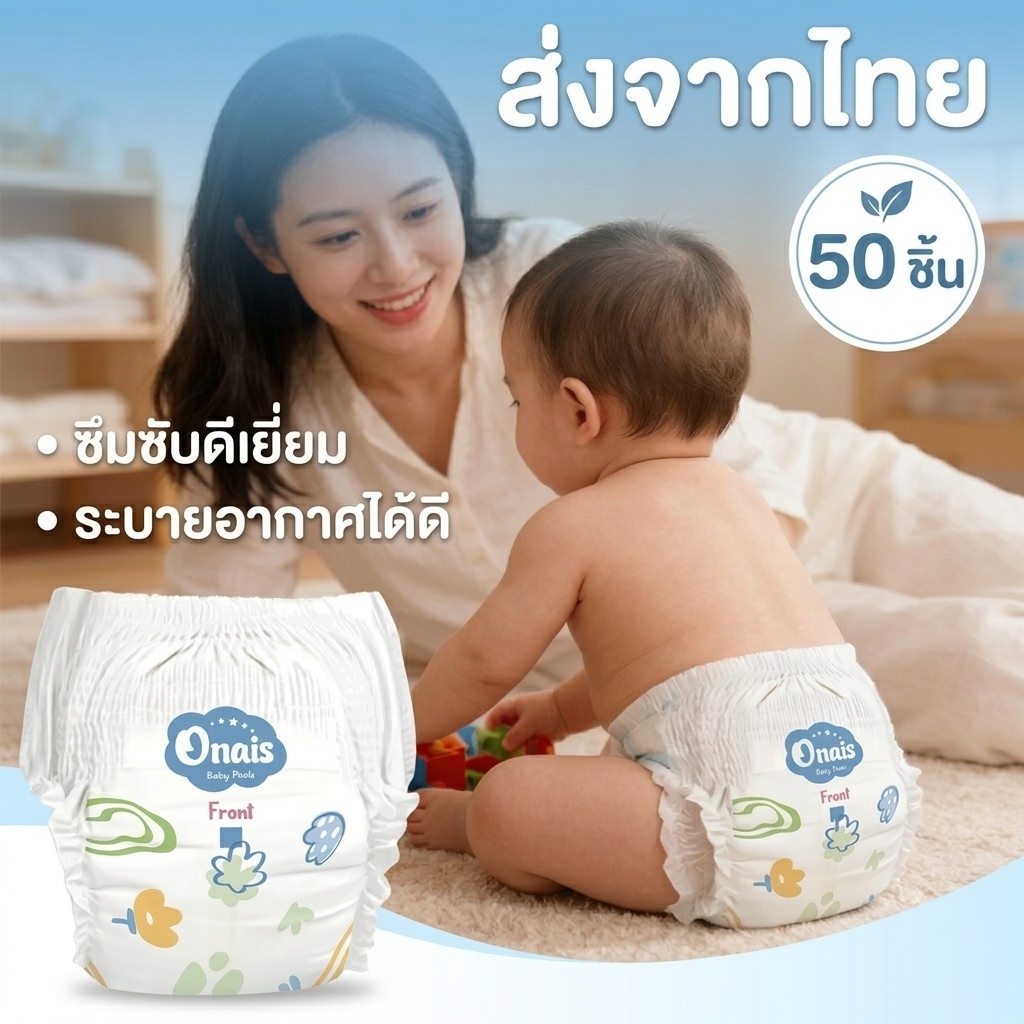 ผ้าอ้อมสำเร็จรูปแบบกางเกง Onais ขนาด L 50 ชิ้น ซึมซับดี ระบายอากาศ