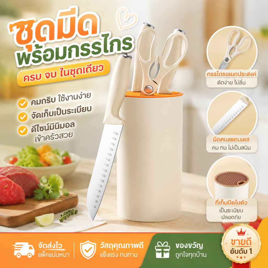 5PCS ชุดมีดทำครัว มีดเหล็กคาร์บอนสูง ชุดเครื่องครัว มีดหั่นเนื้อ+มีดทำครัว+มีดผลไม้+กรรไกร+ที่ใส่มีดสีขาวแบบหนา