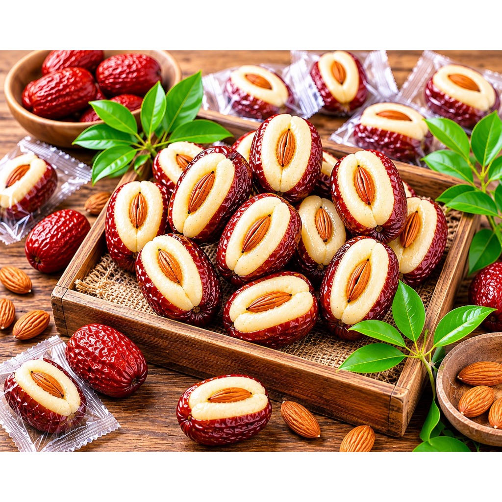 [โปร 1แถม1 / 2แถม2] พุทราสอดไส้นมชีสอัลมอนด์ (ถุงละ 500g) พร้อมส่งในไทย