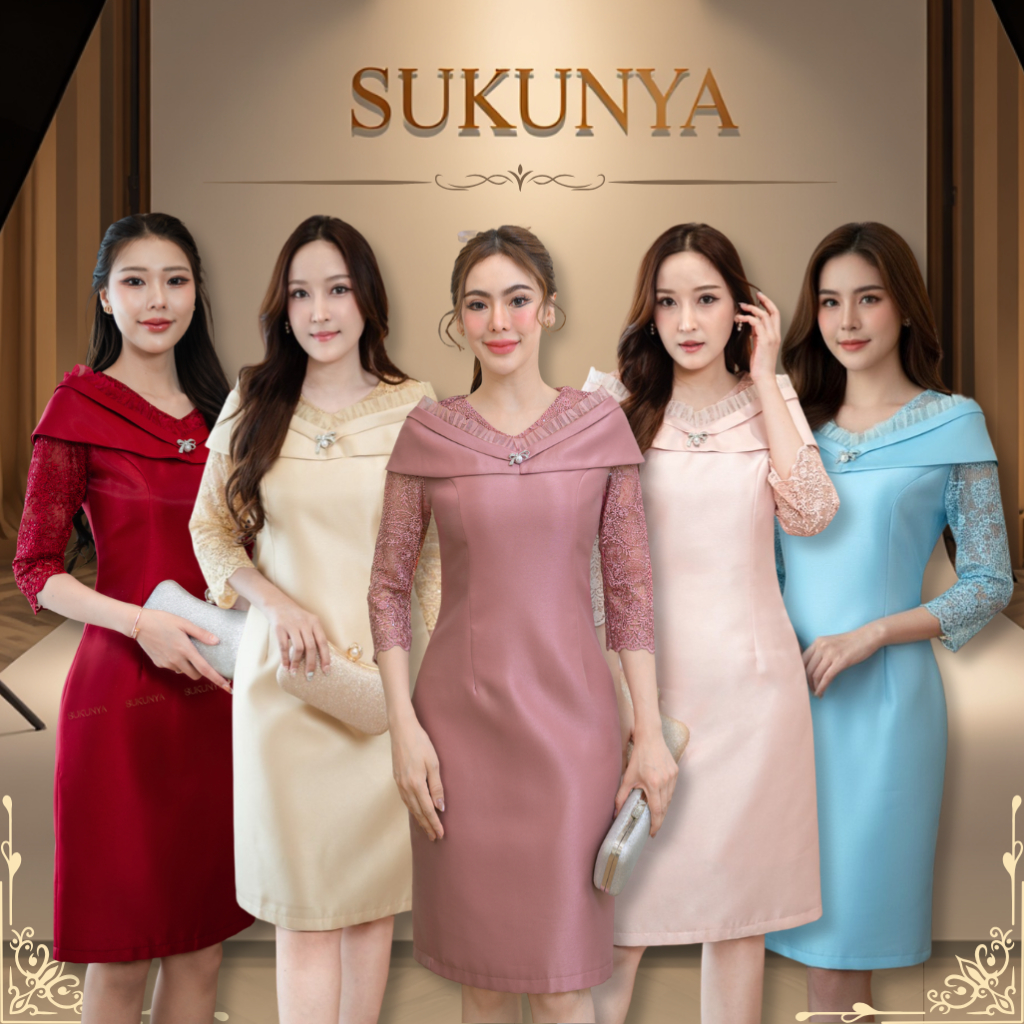 Sukunya 6346 : ชุดเดรสไหมผ้าจิตลดาโอบไหล่ ตัวผ้าไหมจิตลดาร้าน(อัดกาว)ทั้งชุดทรงเอช่วงอกแต่งลูกไม้