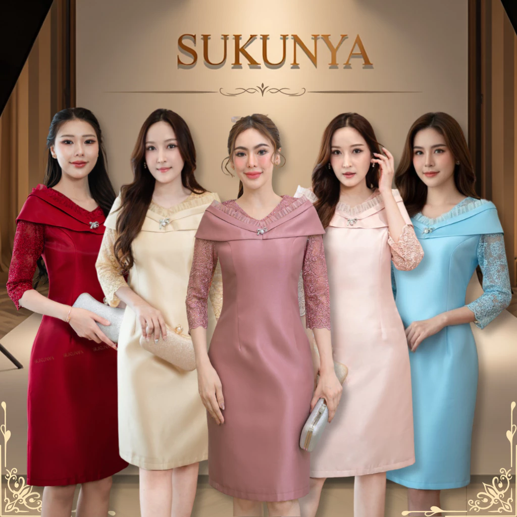 Sukunya 6346 : ชุดเดรสไหมผ้าจิตลดาโอบไหล่ ตัวผ้าไหมจิตลดาร้าน(อัดกาว)ทั้งชุดทรงเอช่วงอกแต่งลูกไม้