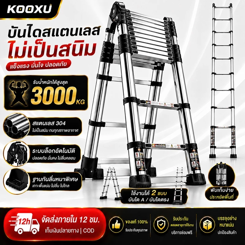 บันไดพับได้ บันไดอลูมิเนียม บันไดแบบยืดหดได้ 3000KG ยืดหดและพับเก็บง่าย เสถียร พกพาได้สะดวก