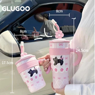 GLUGOO แก้วเก็บความเย็น แก้วน้ํา แก้วสแตนเลส แก้วทนความร้อนมีหูจับ ดีไซน์การ์ตูนน่ารัก 700/1200ml