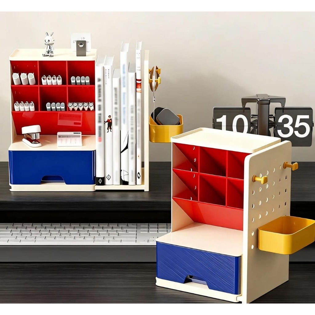 กล่องปากกา 3-in-1 พร้อมที่กั้นหนังสือ DIY จัดระเบียบเครื่องเขียน อุปกรณ์สำนักงาน มินิมอล [ส่งไวใน 24 ชม.] สีขาว/สีสัน