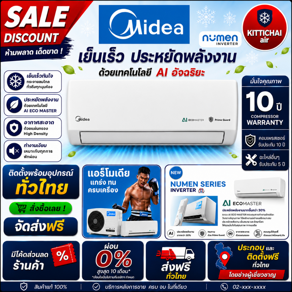 ติดตั้งฟรีทั่วไทย แอร์ Midea Inverter รุ่น Celest 2026 สินค้ารับประกันศูนย์ คอยทองแดง พร้อมอุปกรณ์ติ