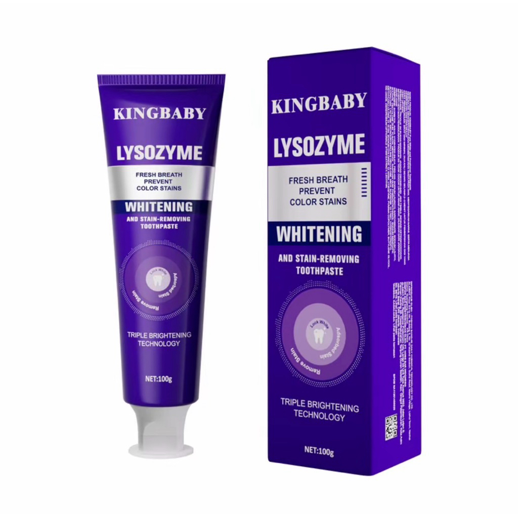 ยาสีฟัน KINGBABY WHITENING พร้อมโฟมสีม่วงที่เป็นเอกลักษณ์ช่วยดูแลความสะอาดในช่องปากและมอบความรู้สึกสดชื่นทุกวัน 100 กรัม