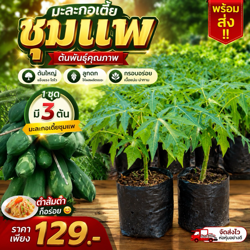 ( พร้อมส่ง ‼️ ) 1 ชุดมี 3 ต้น มะละกอเตี้ยชุมแพ 🌳 ใหญ่ 💥 ลูกดก 💥 กรอบอร่อย เนื้อแน่น ตำส้มตำก็อร่อย 🚚🌳
