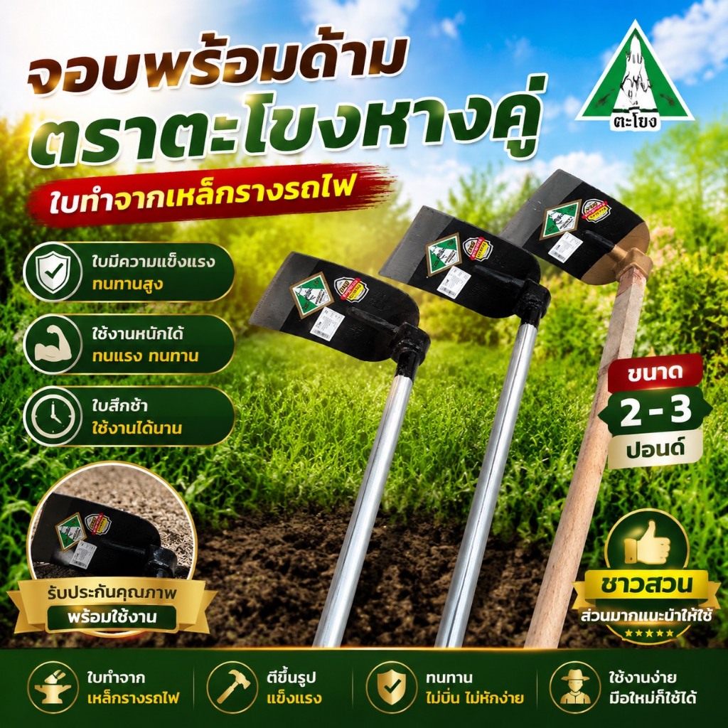 จอบตราจระเข้ ใส่ด้ามเหล็ก ด้ามไม้ ยาว 120-150 ซม. มีจอบขนาด 2-3 ปอนด์ให้เลือก รับประกันความแข็งแรง