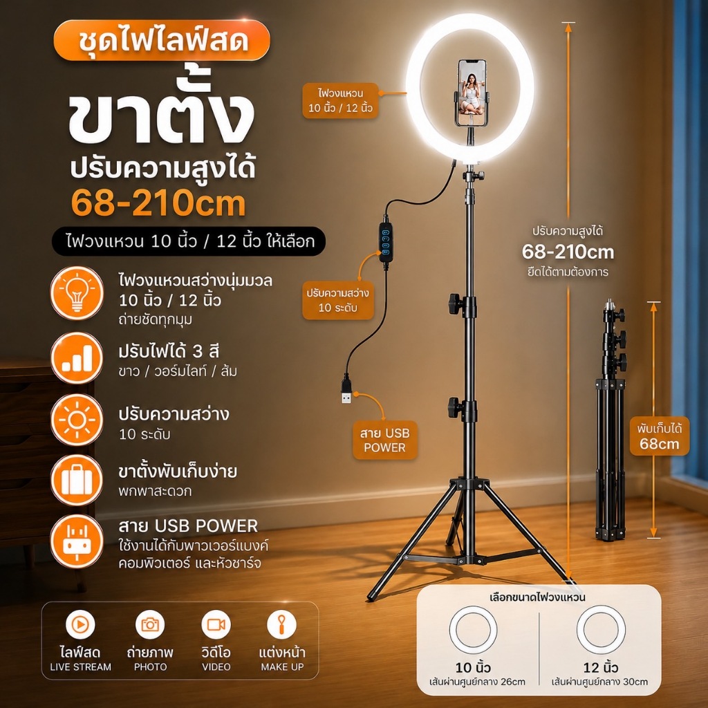 ชุดไฟไลฟ์สด วงแหวนLED ไฟแต่งหน้า พร้อมขาตั้ง ปรับได้3สี/10ระดับ