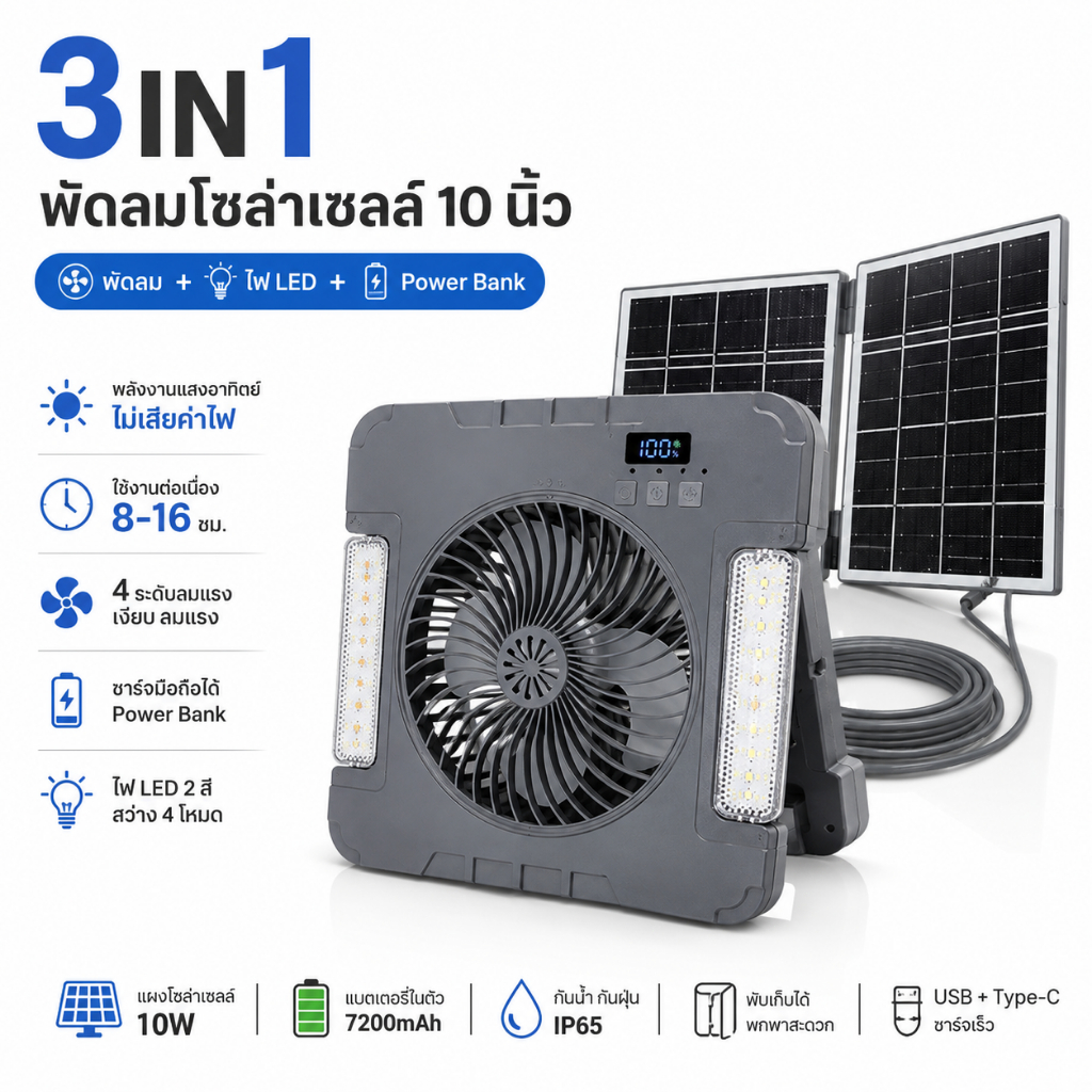 💥NEW💥พัดลมโซล่าเซลล์ 3IN1 แบบพกพา ไม่เสียค่าไฟ มีไฟ LED+ชาร์จมือถือได้ ใช้งาน 8-16 ชม