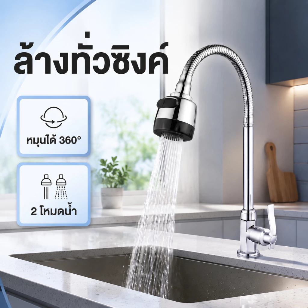 ก๊อกน้ำ ก๊อกล้างจาน ดัดคอได้ ปรับระดับได้ ล้างจานง่าย วาล์วเซรามิค