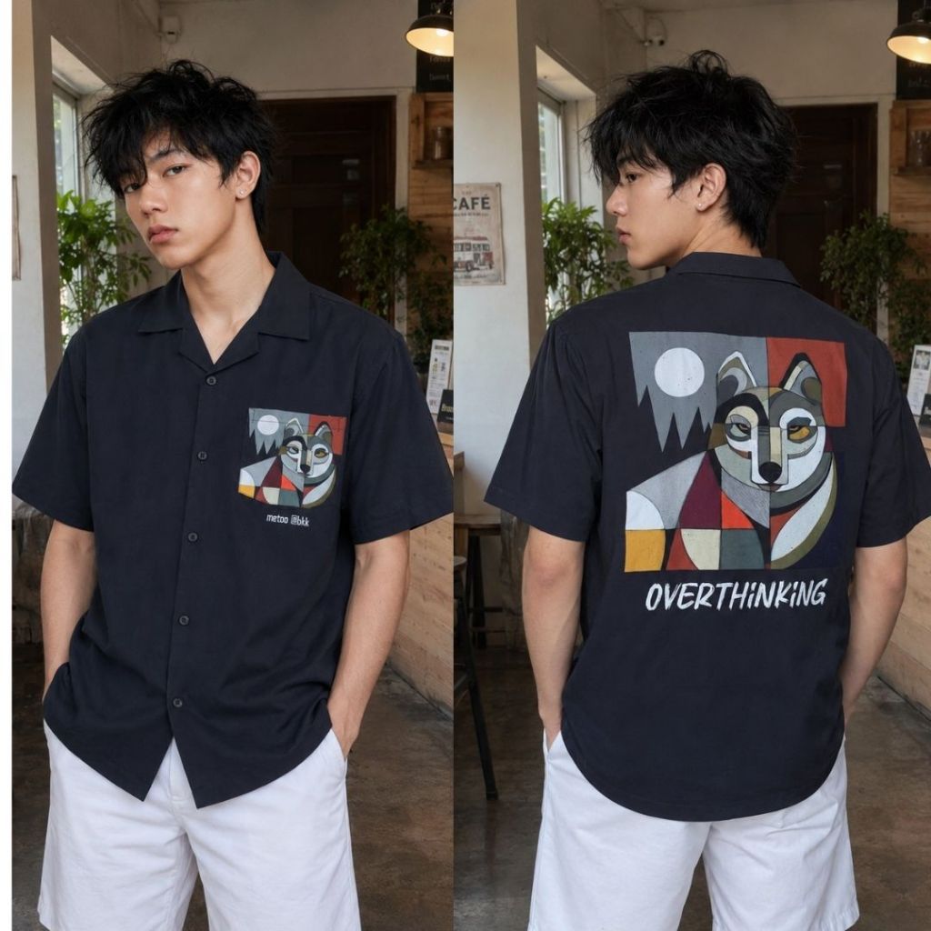 11.WOLF Wolf Minimal Hawaii Shirt เสื้อฮาวาย เสื้อเชิ้ต เสื้อเชิ๊ตแขนสั้นต่อลาย ลายวูฟมินิมอล/ H384