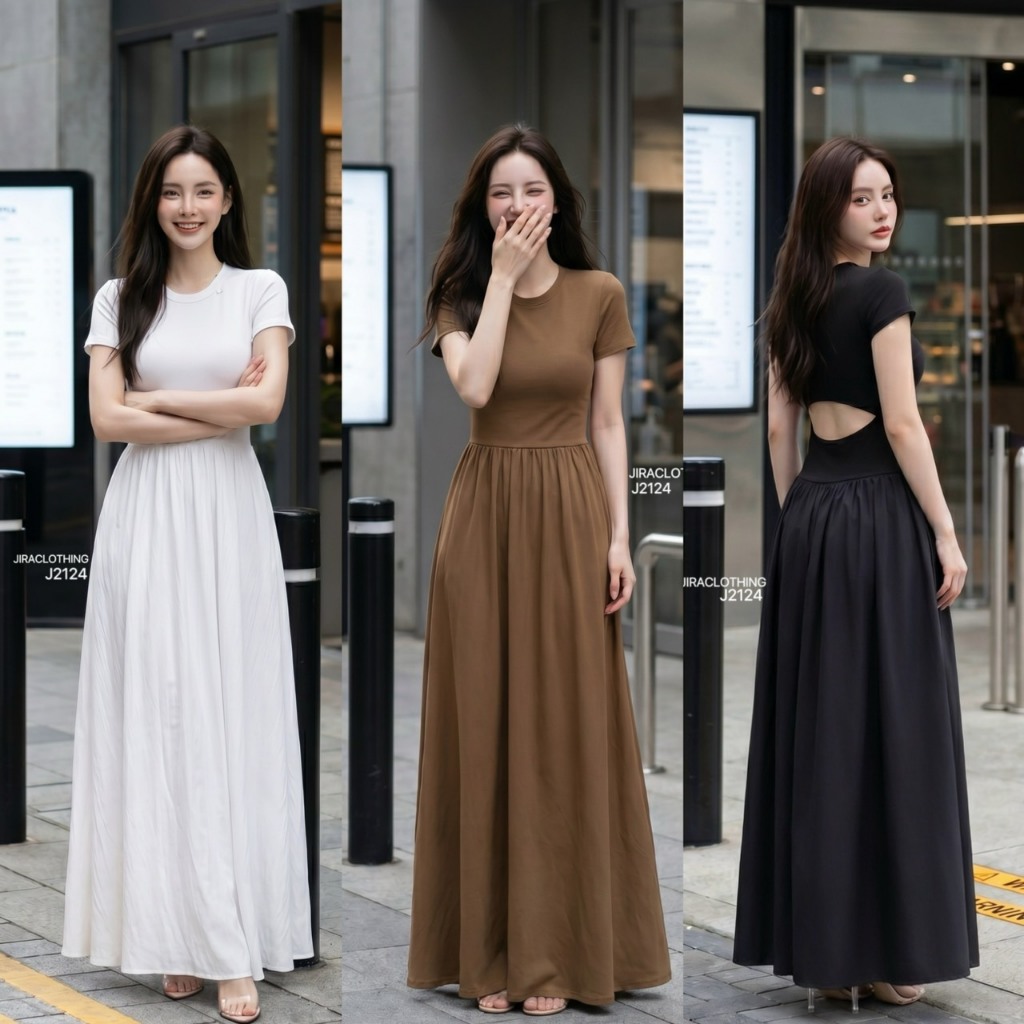 J2124 JiraClothing เดรสยาวแขนสั้นคอกลม ดีเทลเว้าหลัง