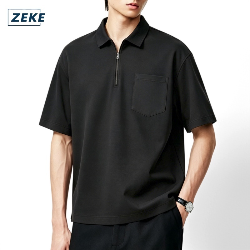 ZEKE A0059 เสื้อเชิ้ตแขนสั้นผู้ชายคลาสสิกเสื้อโปโลแขนสั้นสีพื้นมีซิปและกระเป๋า