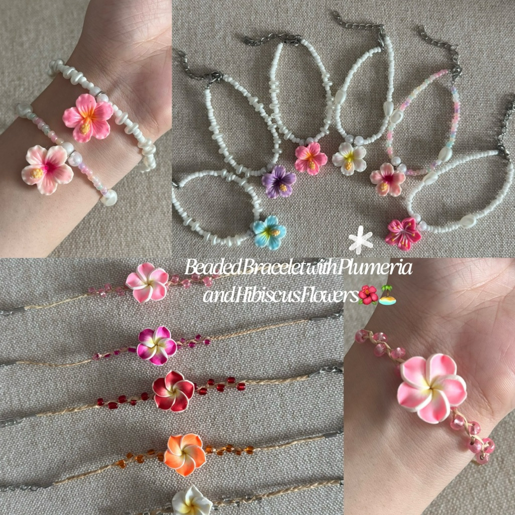 (Ready to Ship 🇹🇭) ✨Cute Beaded Bracelet with Plumeria & Hibiscus Flowers -สร้อยข้อมือลูกปัด ข้อมือดอกลีลาวดี ดอกชบา 🌺✨