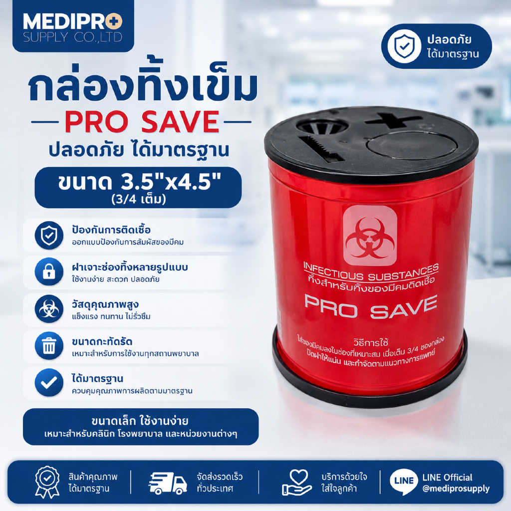 กล่องทิ้งเข็ม ถังทิ้งเข็ม กล่องทิ้งของมีคม แบรนด์ PRO SAVE 3.5x4.5"(0.5 ลิตร)