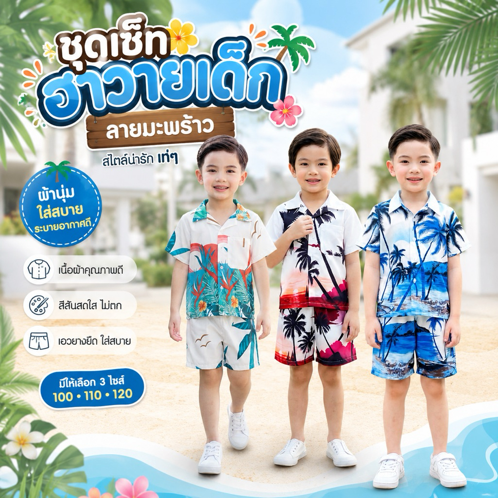 HAWAII SHIRT🌴🌊⛵️🐠ชุดเซ็ตฮาวายเด็ก เสื้อ+กางเกงขาสั้น (ลายมะพร้าว)ผ้าไหมอิตาลี ใส่สบาย พร้อมส่งจากไทย🌦🐳🏝⛵️(H1)