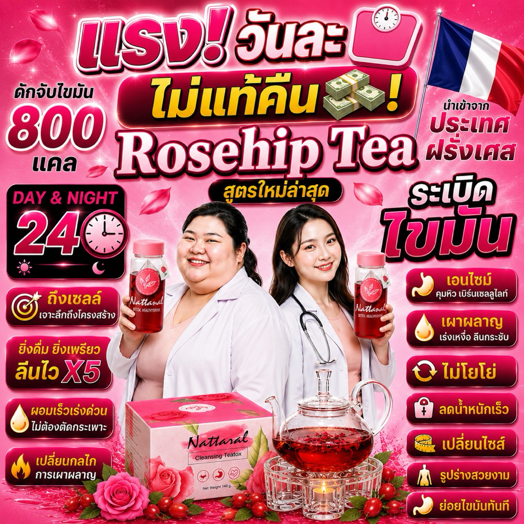 1กล่อง[ทานได้ถึง10วัน] เผาผลาญ800แคล จับไขมัน ไม่แท้คืนเงิน เข้มข้นX5 Rosehipชาออร์แกนิกฝรั่งเศส ลดไขมันใหม่ล่าสุด มีอย.