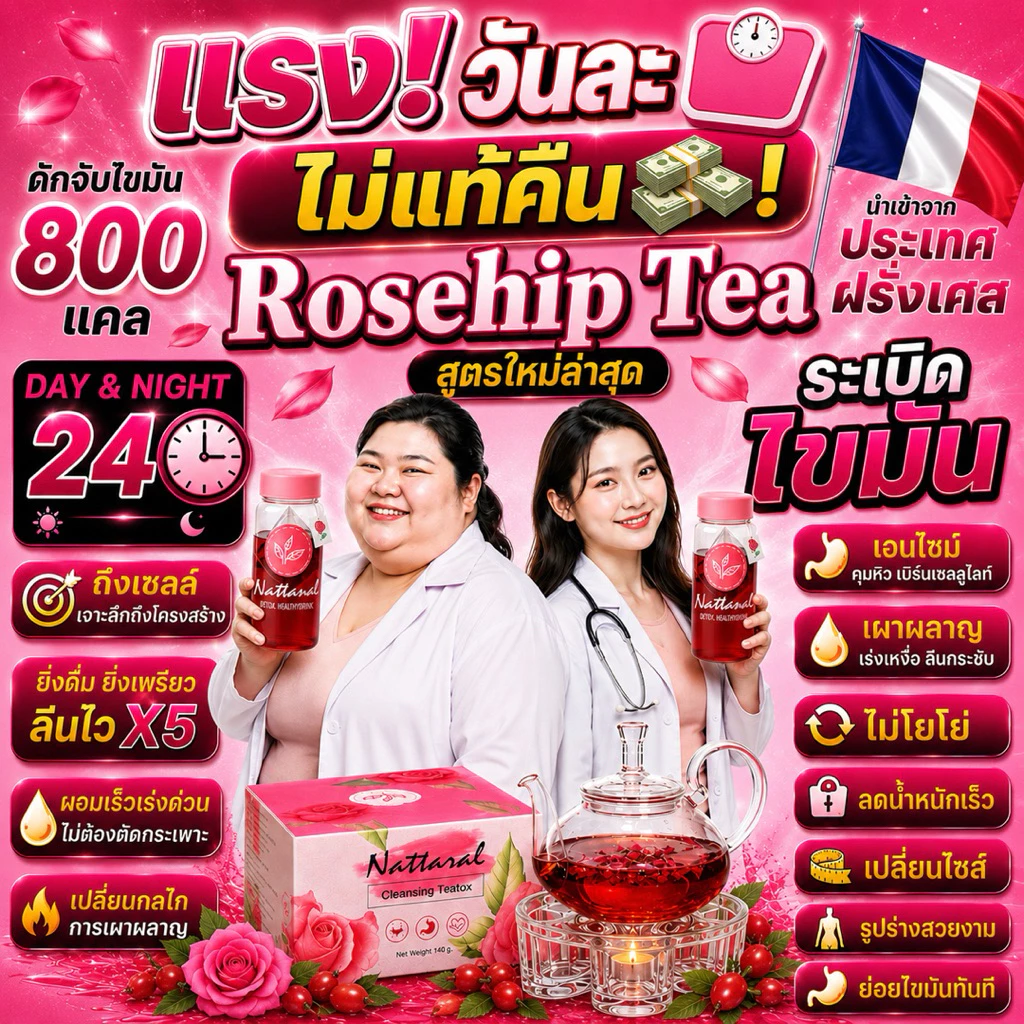1กล่อง[ทานได้ถึง10วัน] เผาผลาญ800แคล จับไขมัน ไม่แท้คืนเงิน เข้มข้นX5 Rosehipชาออร์แกนิกฝรั่งเศส ลดไขมันใหม่ล่าสุด มีอย.