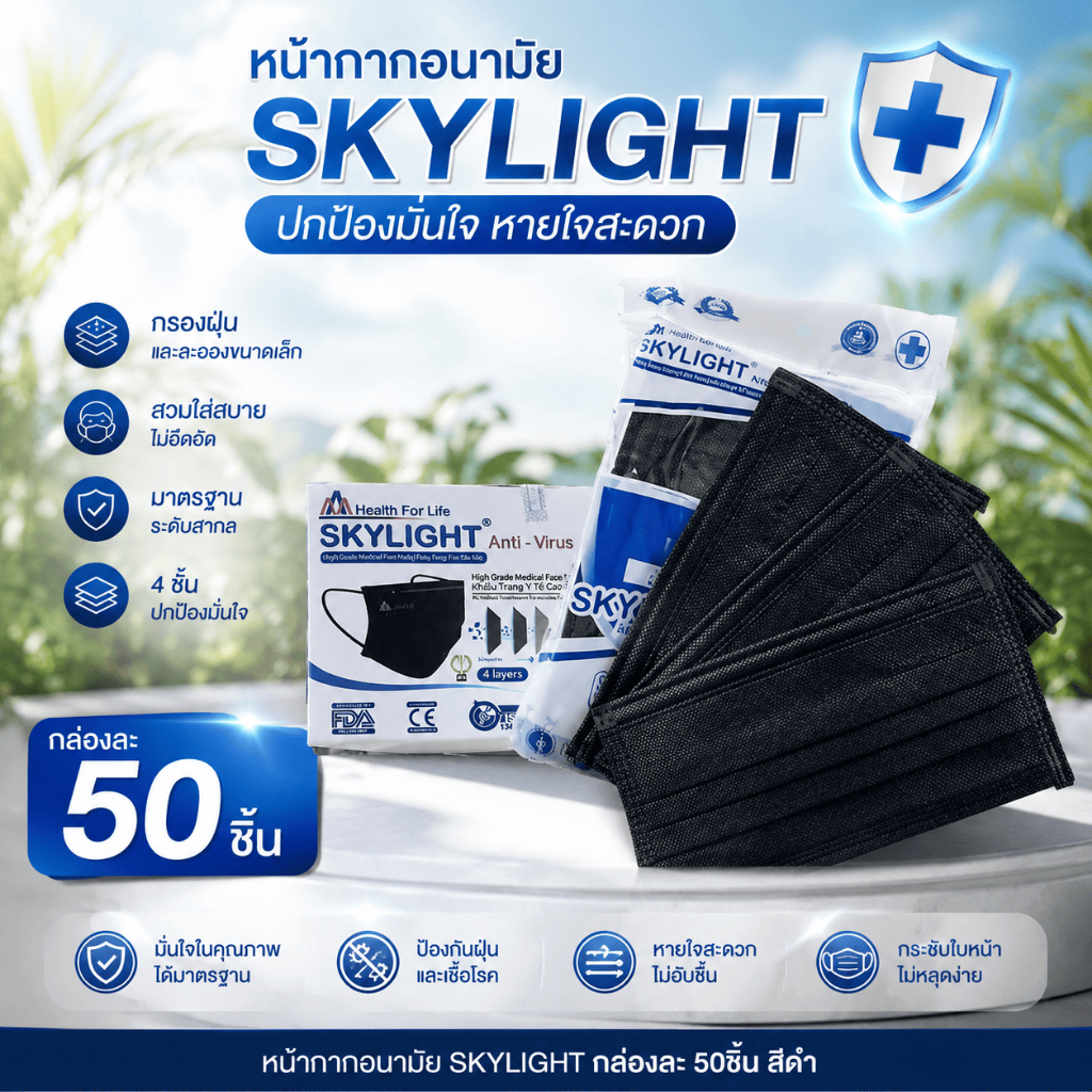 SKYLIGHT แท้ นำเข้าเองโดยตรง หน้ากากอนามัย ( สีดำ )4 ชั้น เกรดการแพทย์ skylight เวียดนาม หนากว่าปกติ 1กล่อง50ชิ้น